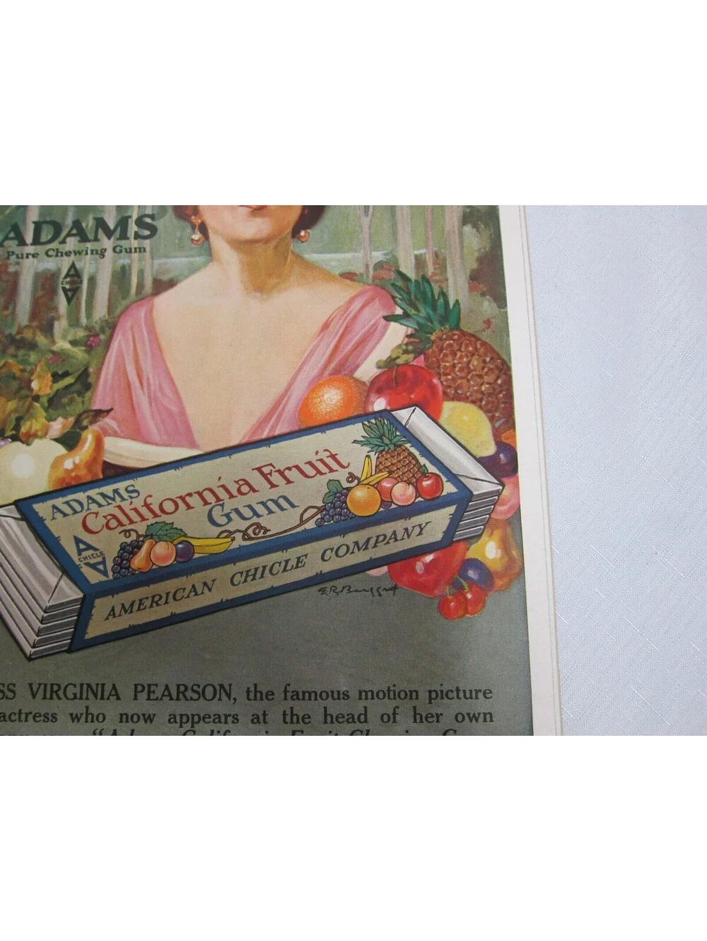 Antique 1919 Adams California Fruit Gum Ad Movie Star Virginia Pearson 14 x 9.5